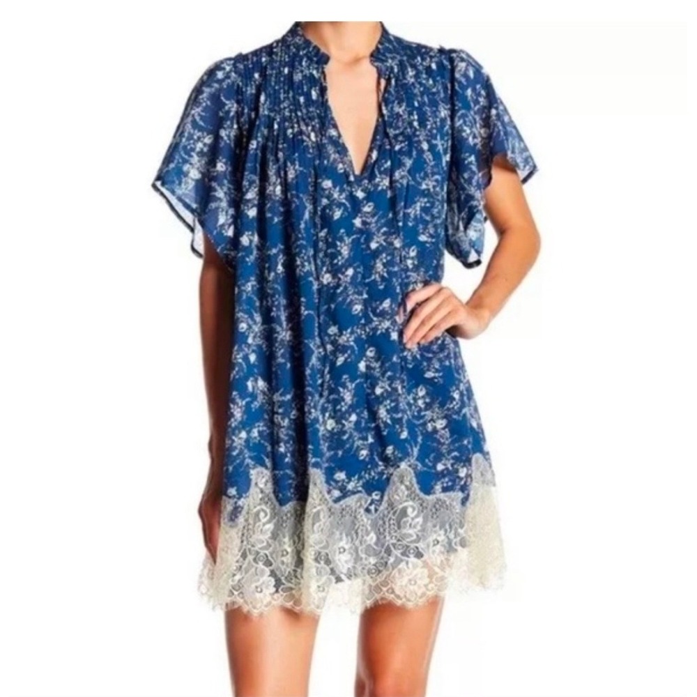 Free People Marigold Blue Floral Lace Trim Mini Boho Tunic Romantic Fairycore XS - Picture 1 of 10
